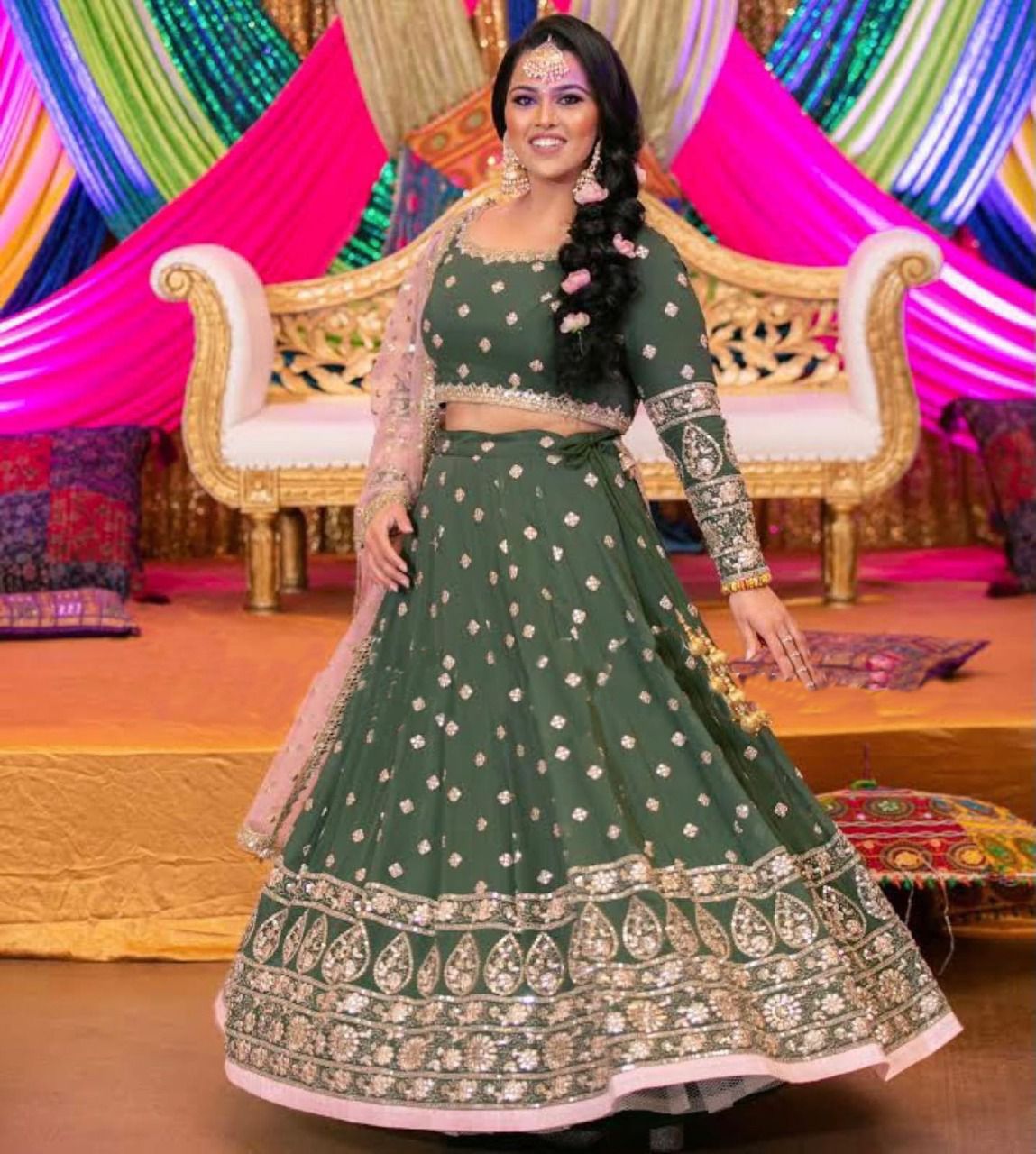 Green Lehenga Choli In Georgette Silk With Embroidery Work