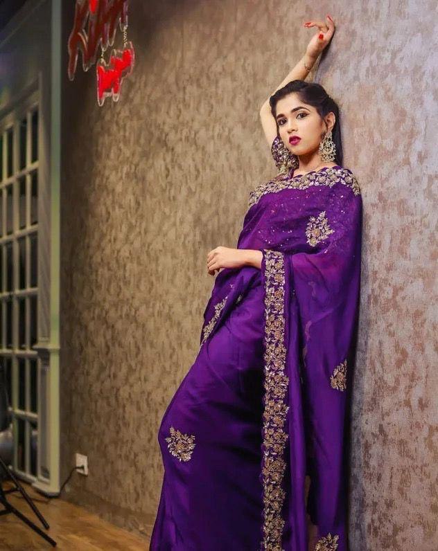 Purple Saree In Fox Georgette With Sequence Work