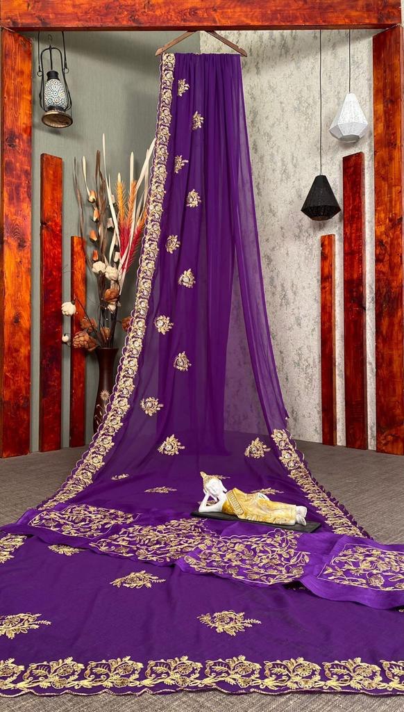 Purple Saree In Fox Georgette With Sequence Work