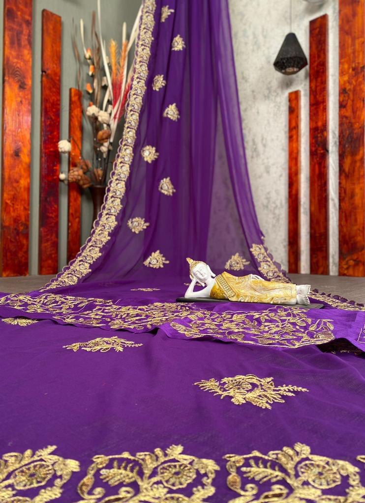 Purple Saree In Fox Georgette With Sequence Work