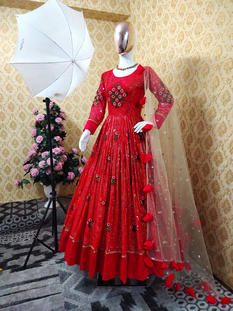 Red Gown In Fox Georgette With Sequence Embroidery Work