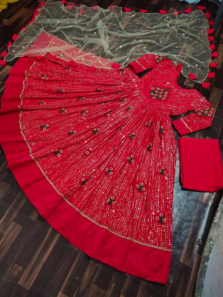 Red Gown In Fox Georgette With Sequence Embroidery Work