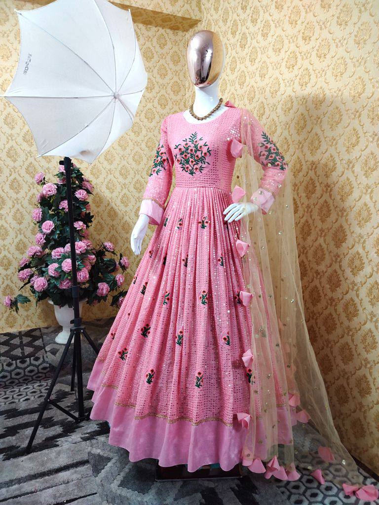 Pink Fox Georgette Sequence Embroidery Work Gown