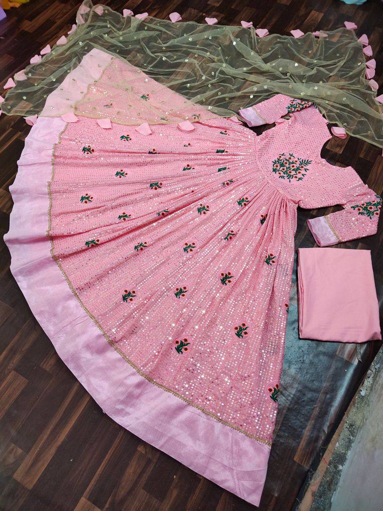 Pink Fox Georgette Sequence Embroidery Work Gown