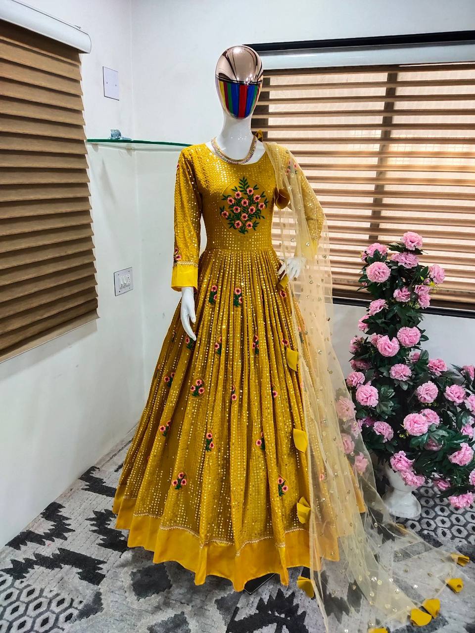 Mustard Yellow Gown In Fox Georgette With Sequence Embroidery Work