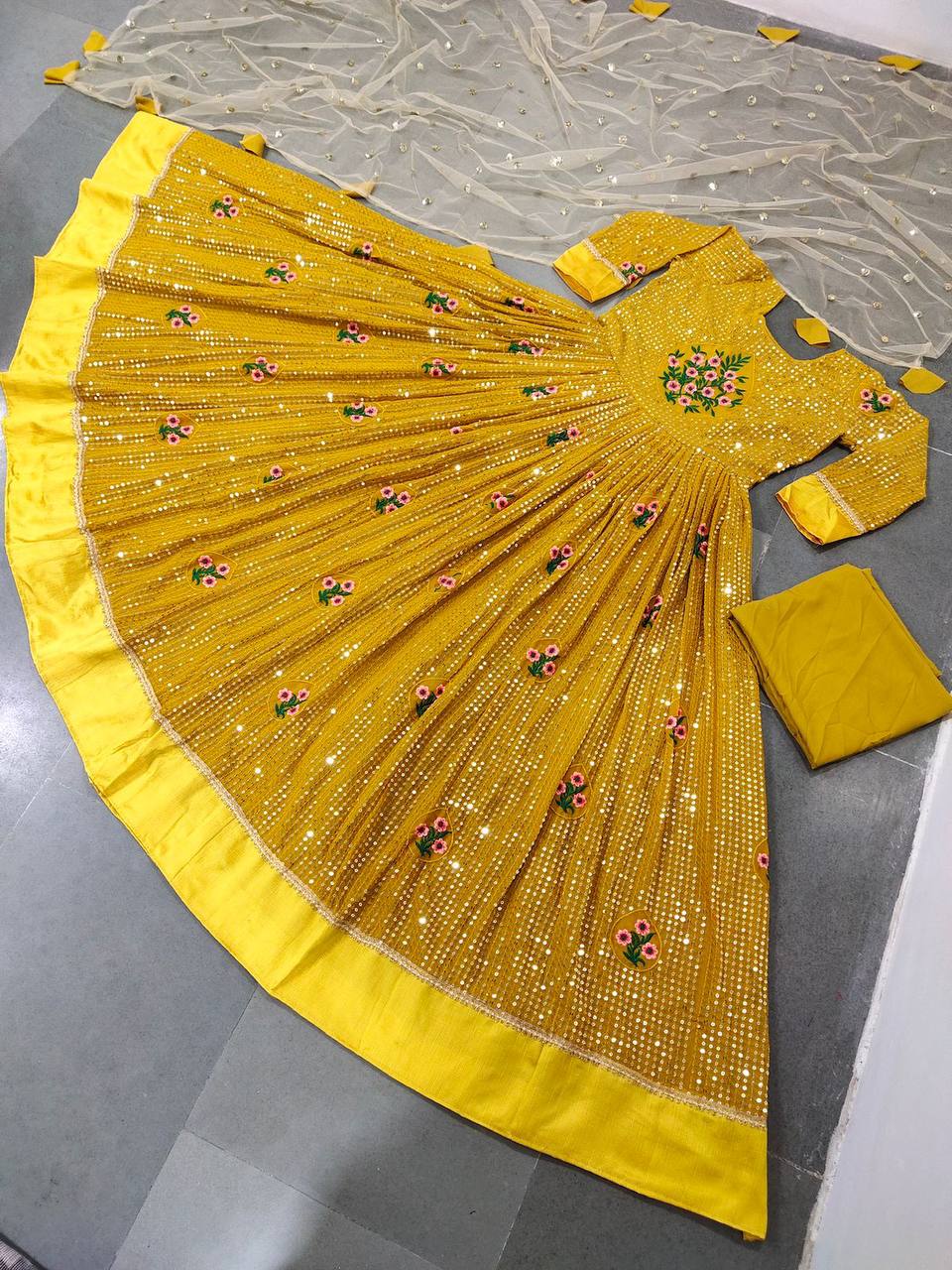 Mustard Yellow Gown In Fox Georgette With Sequence Embroidery Work