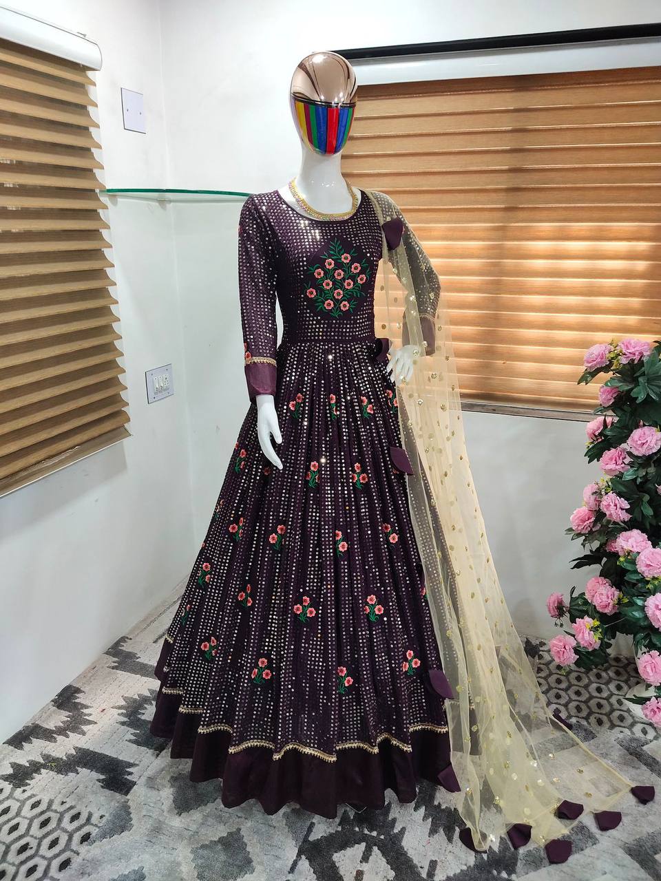 Wine Gown In Fox Georgette With Sequence Embroidery Work