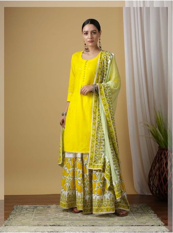 Yellow Sharara Suit In Cotton With Moti Work