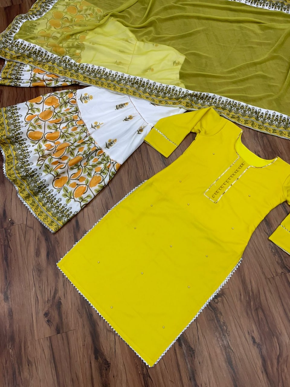 Yellow Sharara Suit In Cotton With Moti Work
