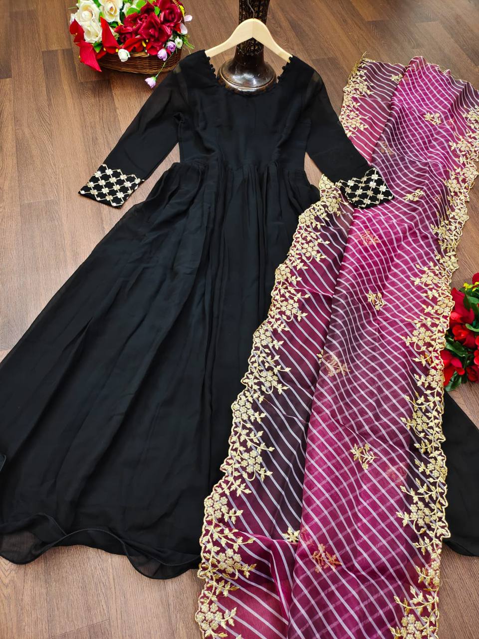 Black Anarkali Suit In Faux Blooming With Plain