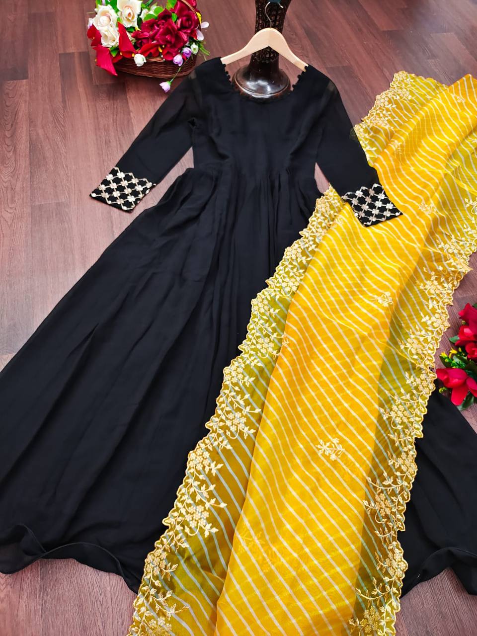 Black Anarkali Suit In Faux Blooming With Plain