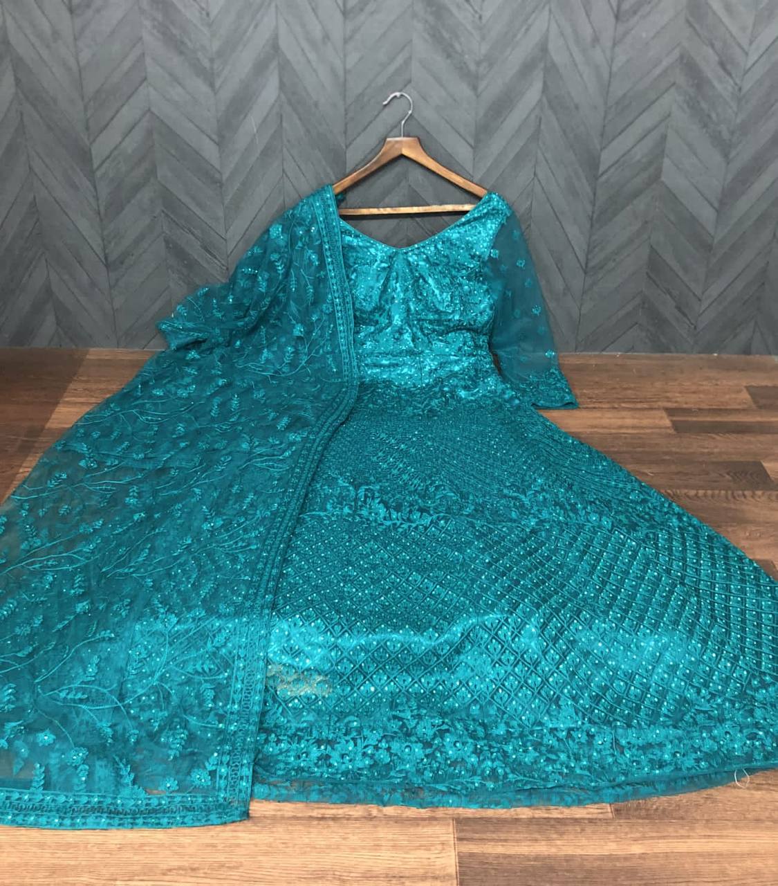 Rama Blue Anarkali Suit In Butterfly Mono Net With Chain Stitch Work