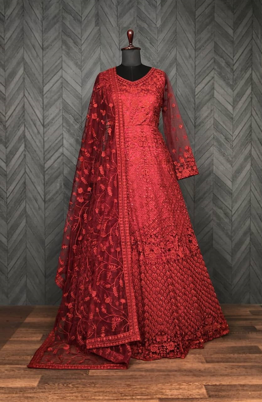 Red Anarkali Suit In Butterfly Mono Net With Chain Stitch Work