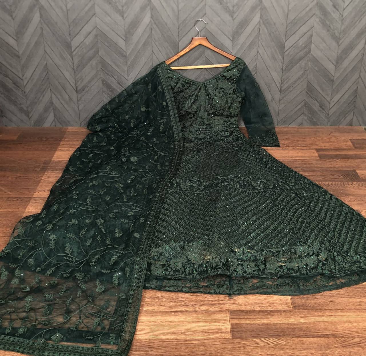 Bottle Green Anarkali Suit In Butterfly Mono Net With Chain Stitch Work