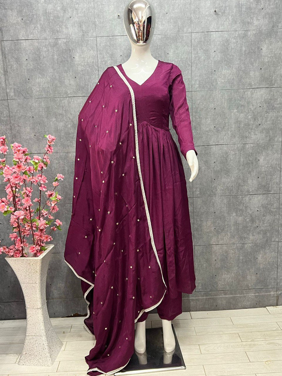 Wine Anarkali Suit In Chinon Chiffon With Plain