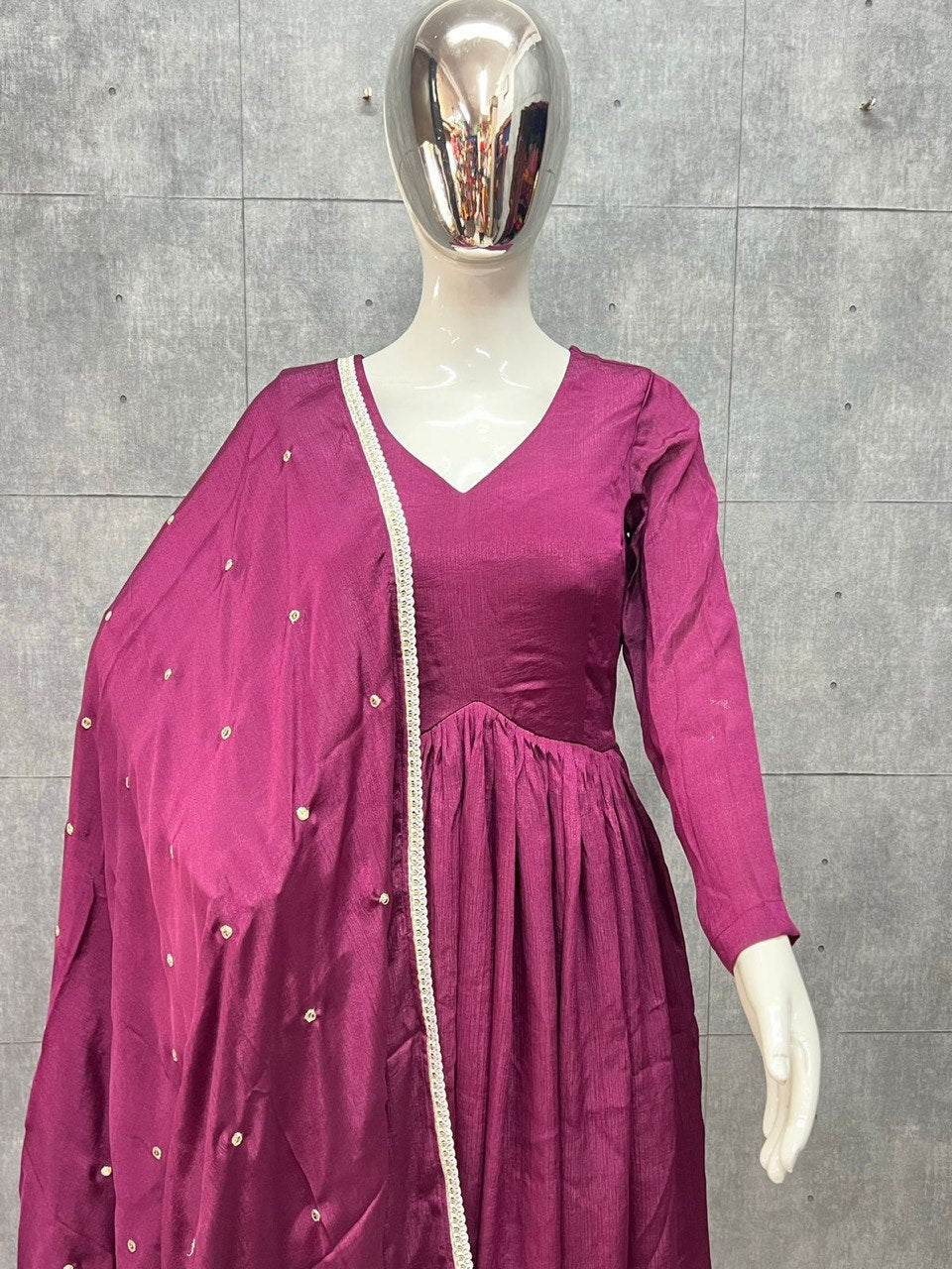 Wine Anarkali Suit In Chinon Chiffon With Plain