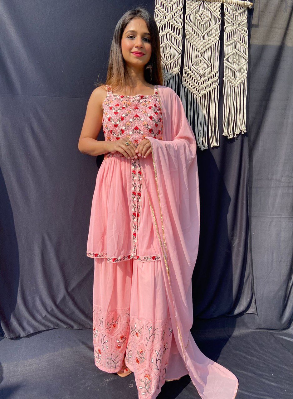 Pink Sharara Suit In Georgette Silk With Thread Work