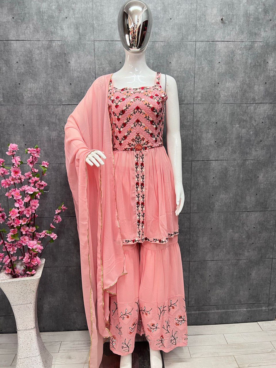 Pink Sharara Suit In Georgette Silk With Thread Work