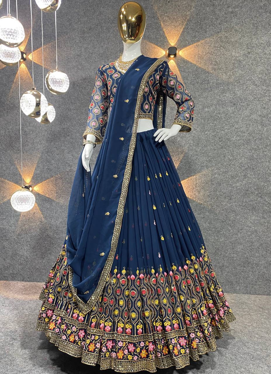 Navy Blue Lehenga Choli In Fox Georgette With 5 MM Sequence Work