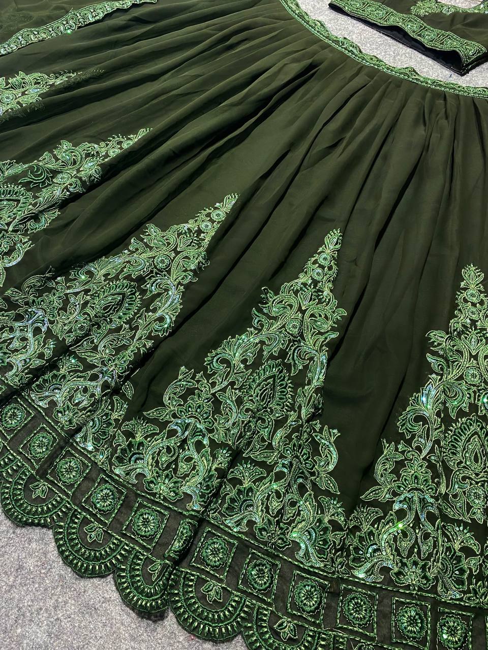 Bottle Green Lehenga Choli In Fox Georgette With 3 MM Sequence Work