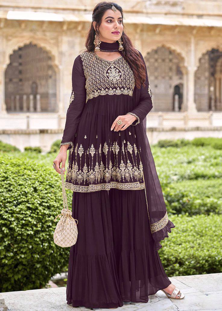 Wine Sharara Suit In Chiffon With Embroidery Work