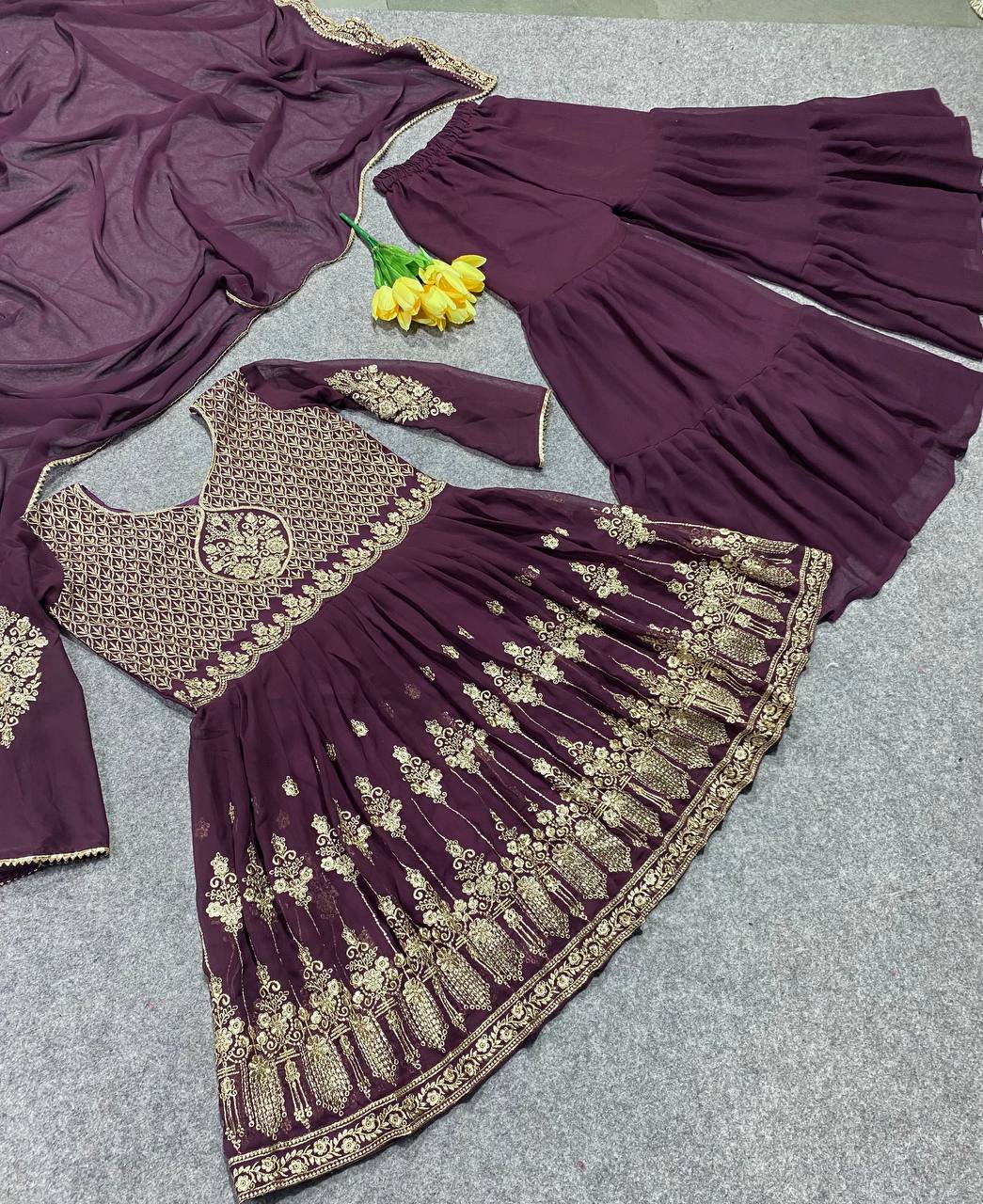 Wine Sharara Suit In Chiffon With Embroidery Work