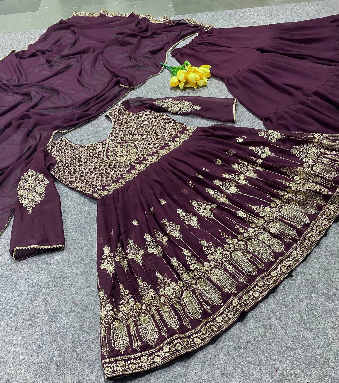 Wine Sharara Suit In Chiffon With Embroidery Work