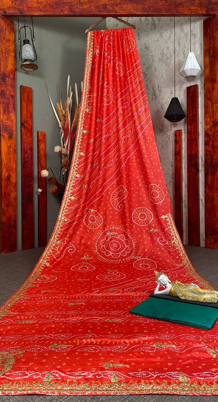 Red Saree In Vichitra With Sequence Work