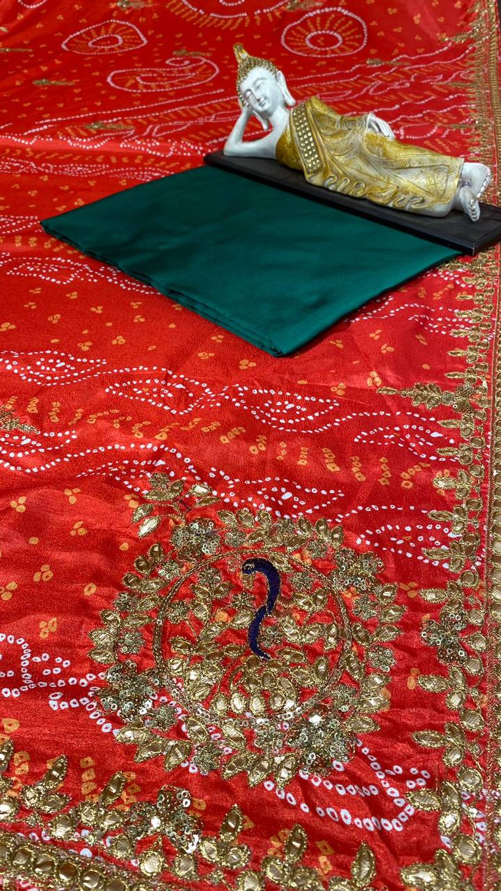 Red Saree In Vichitra With Sequence Work