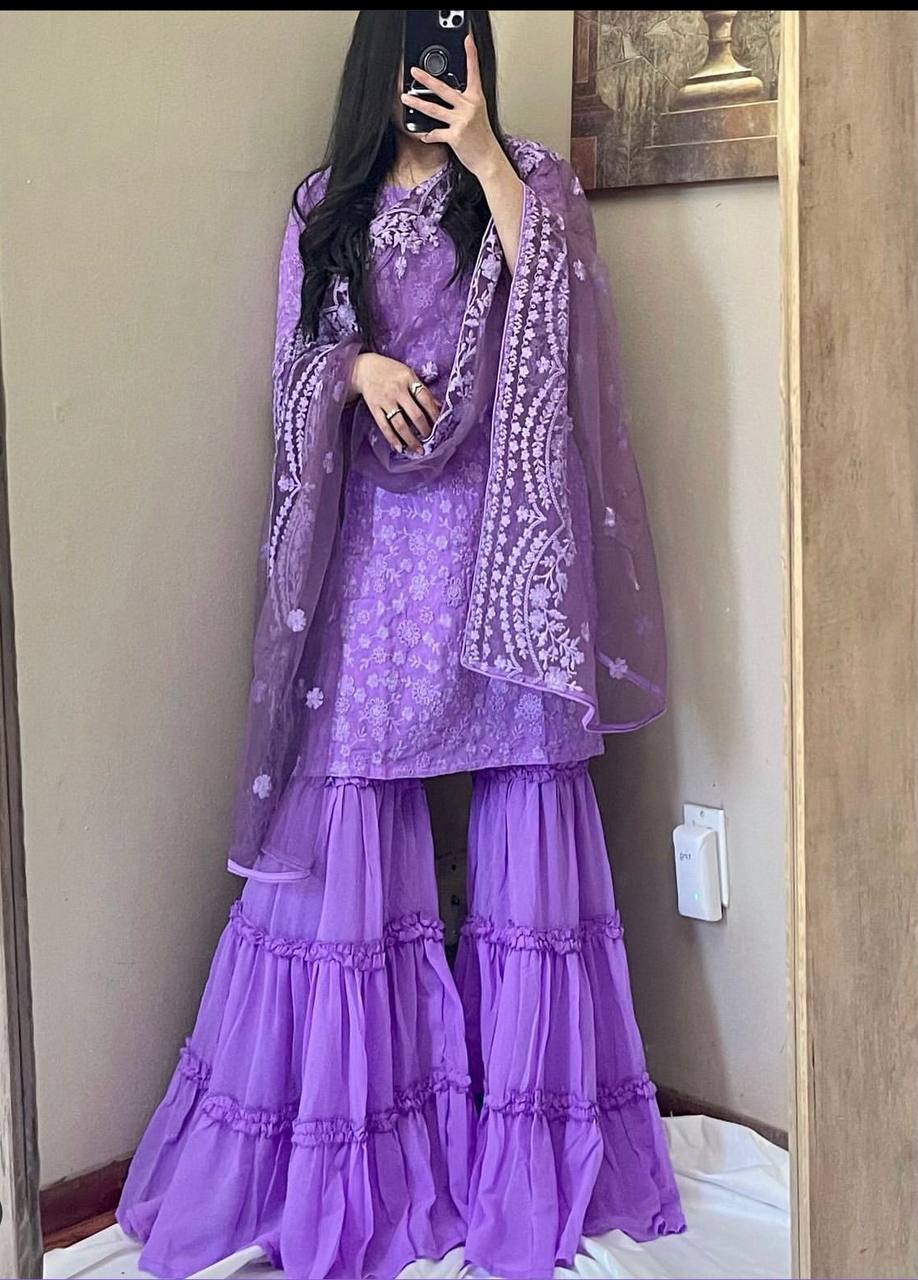 Lavender Sharara Suit In Fox Georgette With Embroidery Work