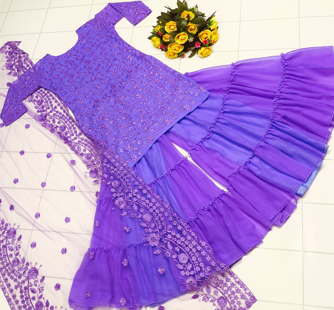 Lavender Sharara Suit In Fox Georgette With Embroidery Work