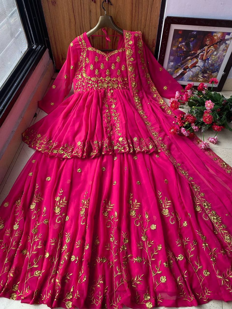 Rani Pink Lehenga In Georgette Silk In Embroidery Work