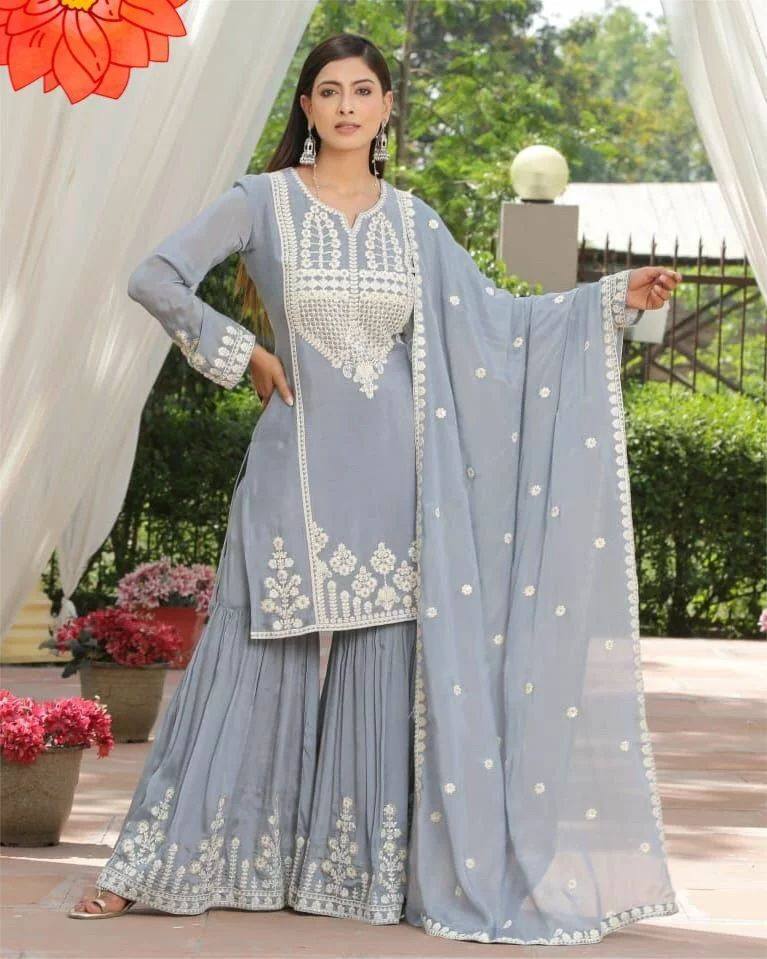 Gray Sharara Suit In Fox Georgette With Embroidery Work