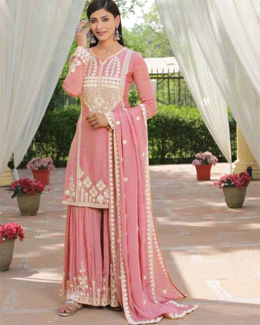 Pink Sharara Suit In Fox Georgette With Embroidery Work