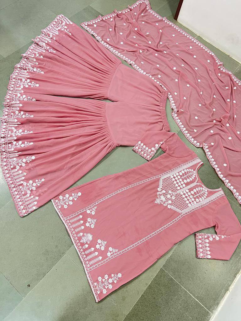 Pink Sharara Suit In Fox Georgette With Embroidery Work