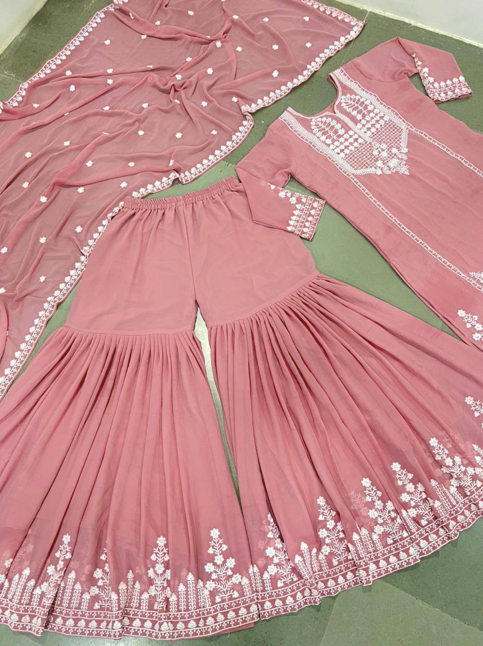 Pink Sharara Suit In Fox Georgette With Embroidery Work