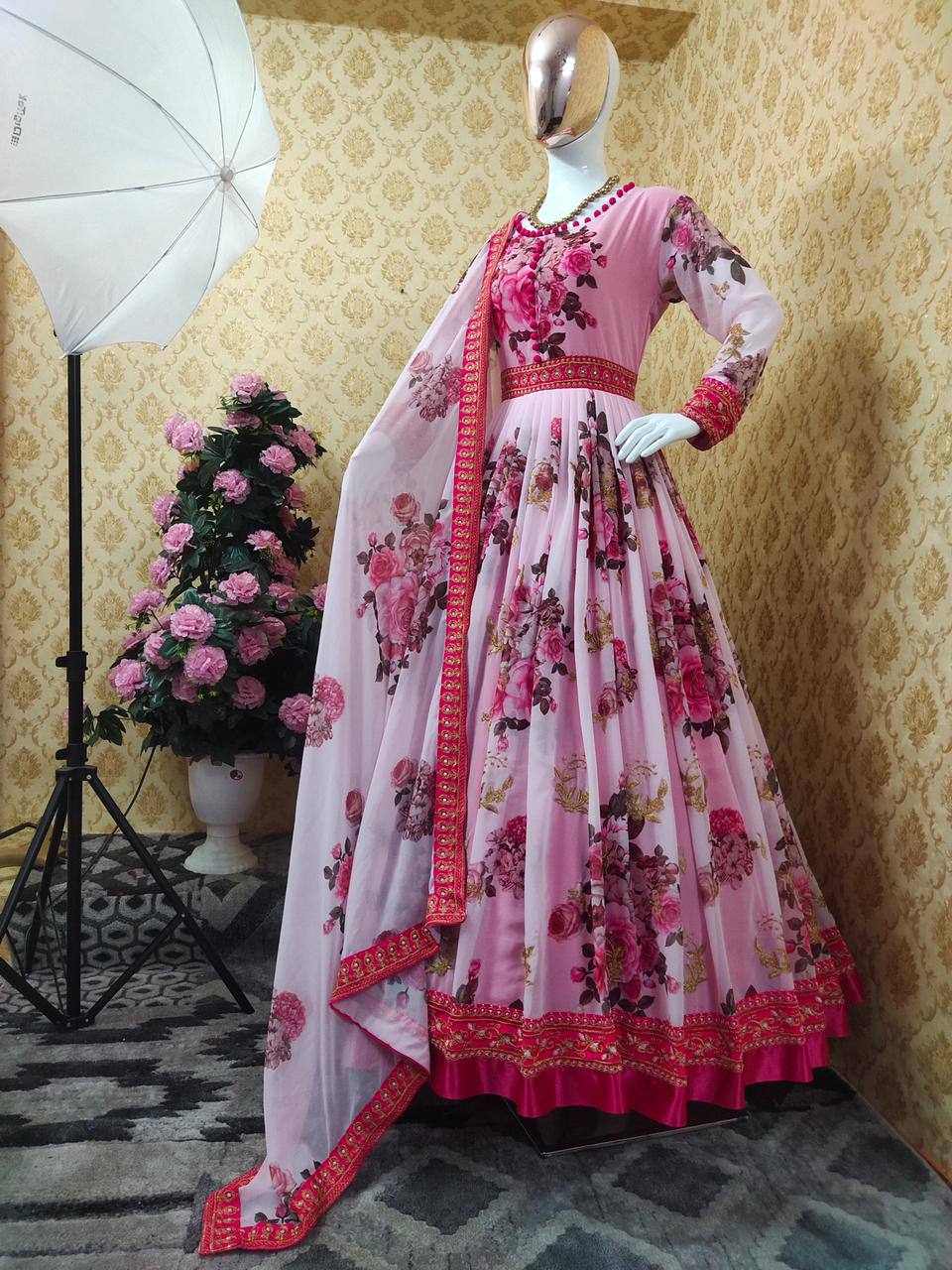 Pink Gown In Viscose Faux Georgette With Digital Printed