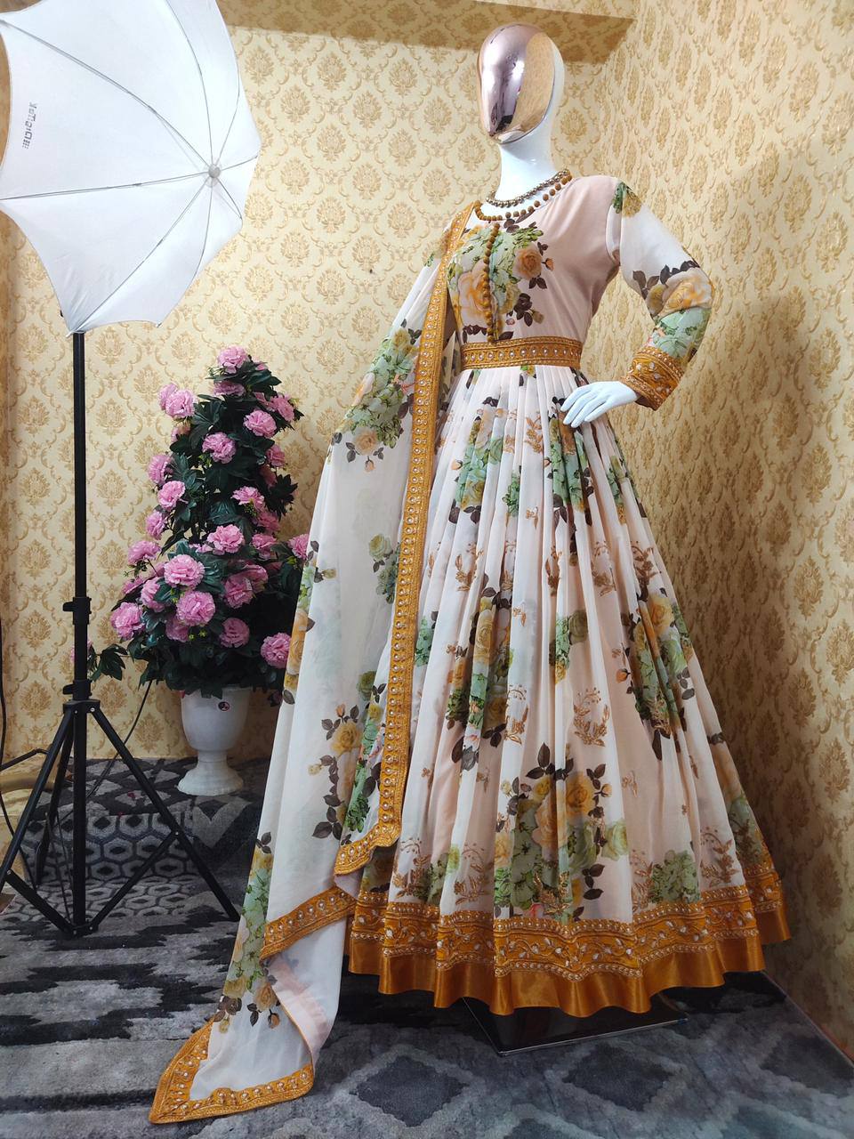 Cream Gown In Viscose Faux Georgette With Digital Printed