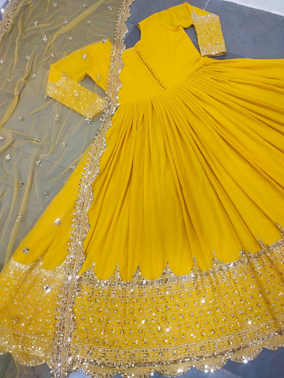 Yellow Anarkali Suit In Fox Georgette With Embroidery Work