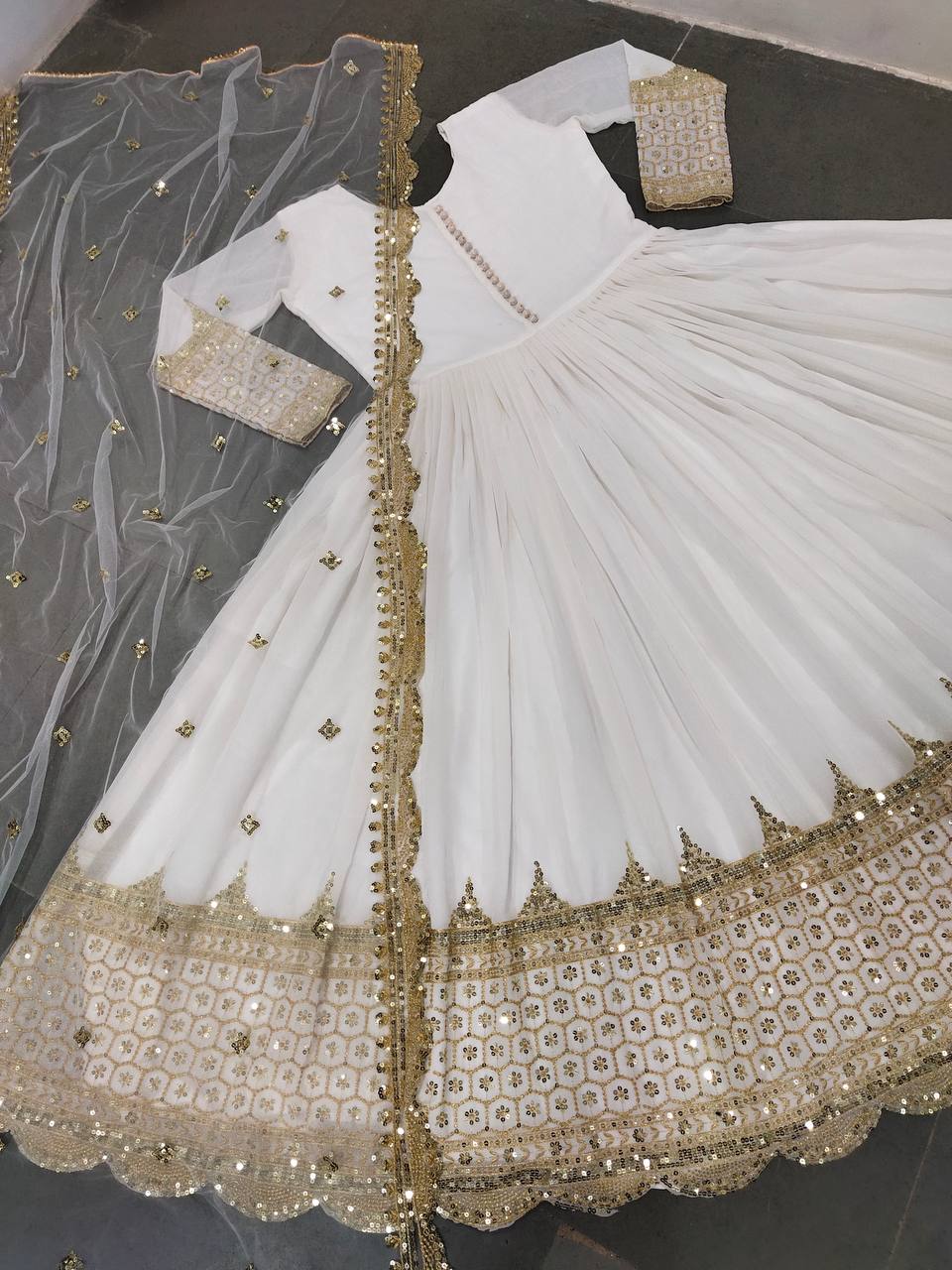 White Anarkali Suit In Fox Georgette With Embroidery Work