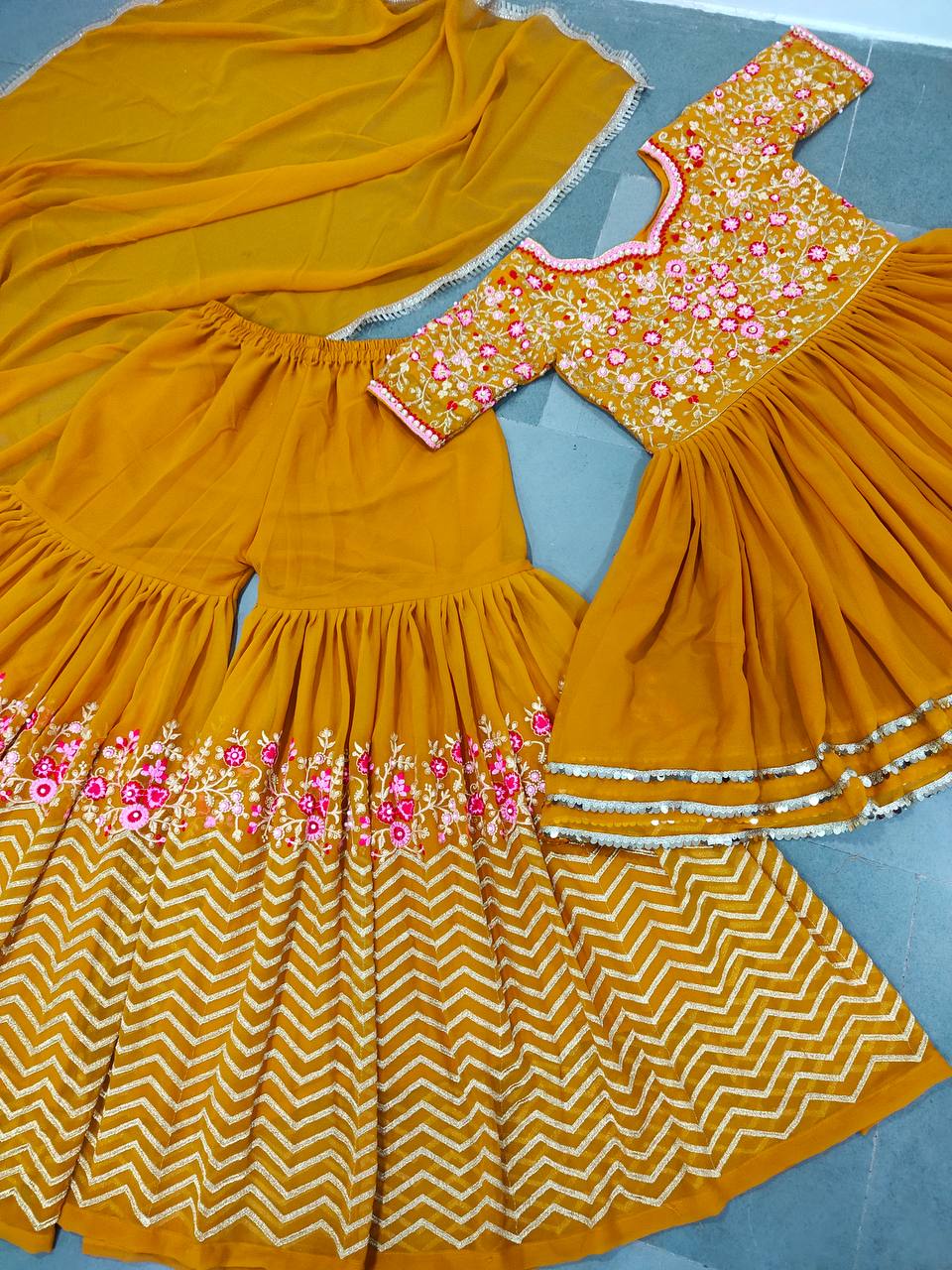 Yellow Sharara Suit In Fox Georgette With Embroidery Work