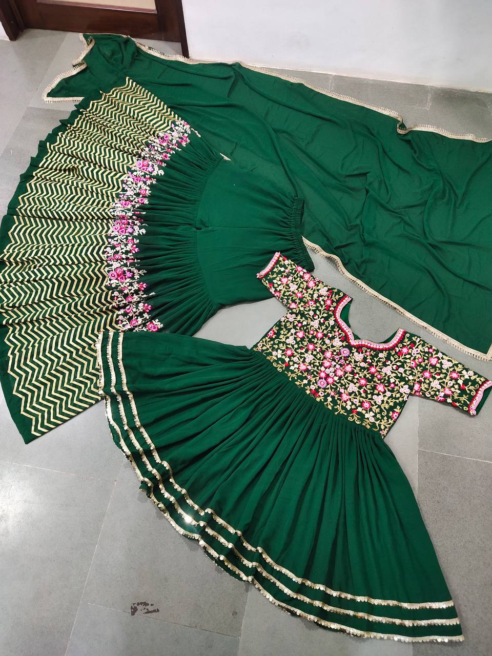 Green Sharara Suit In Fox Georgette With Embroidery Work