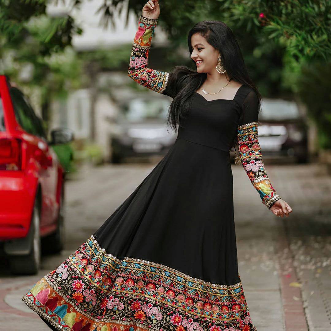 Black Anarkali Suit In Faux Blooming With Embroidery Work