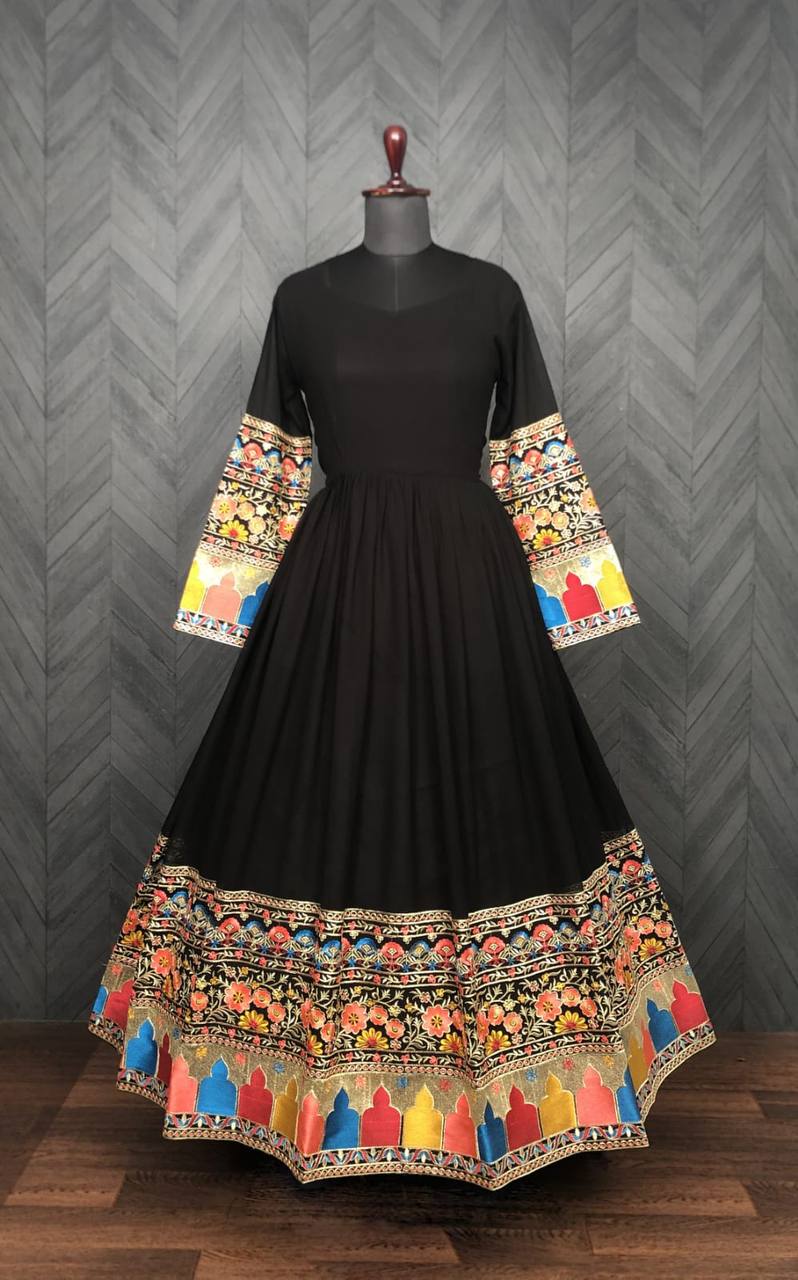 Black Anarkali Suit In Faux Blooming With Embroidery Work