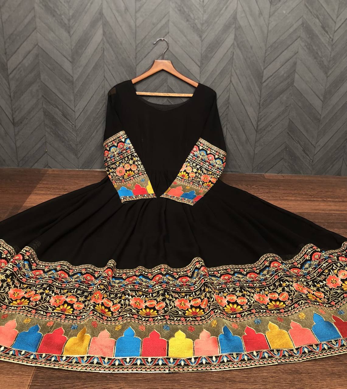 Black Anarkali Suit In Faux Blooming With Embroidery Work