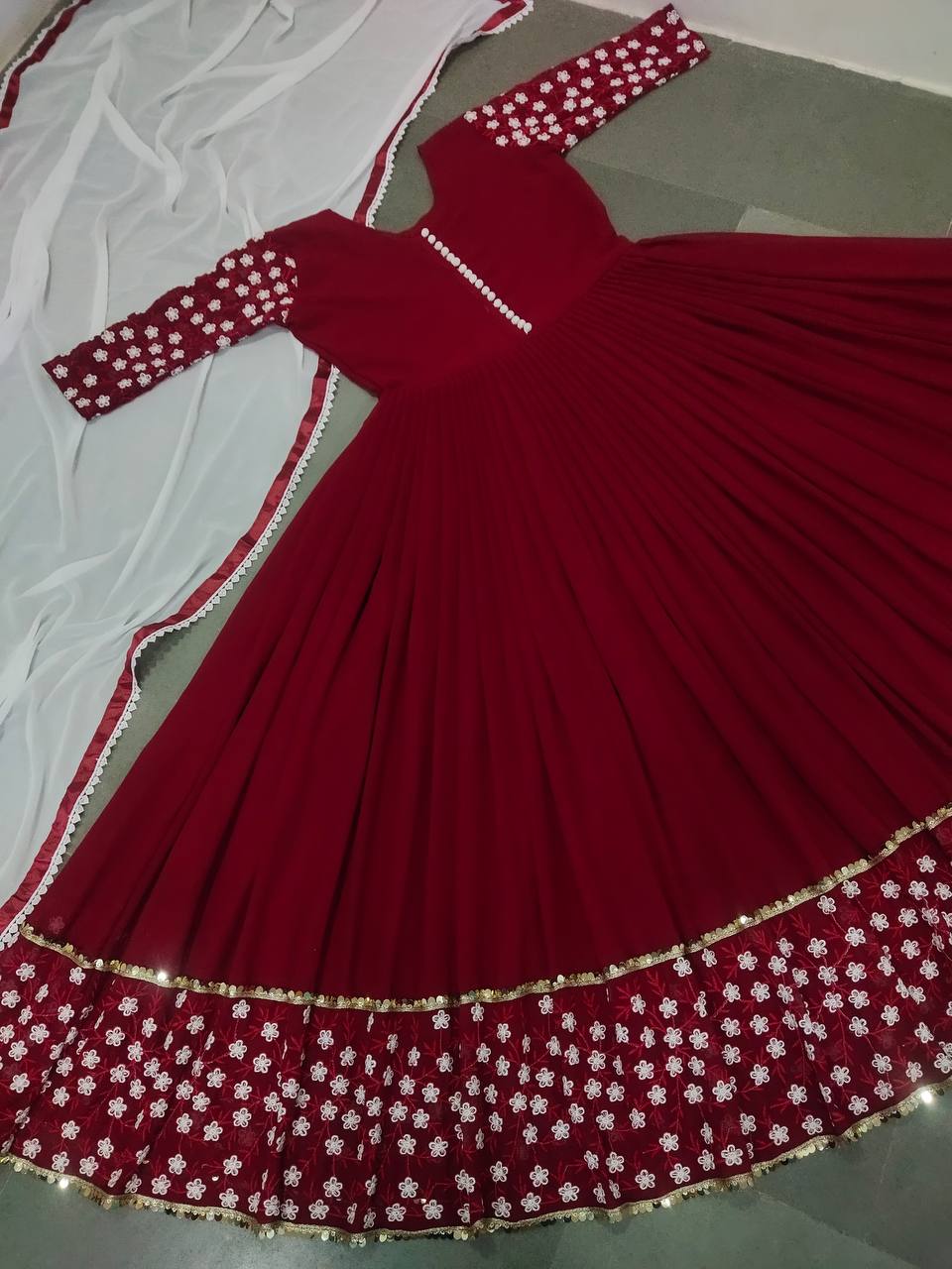 Maroon Anarkali Suit In Fox Georgette Whit Embroidery Work