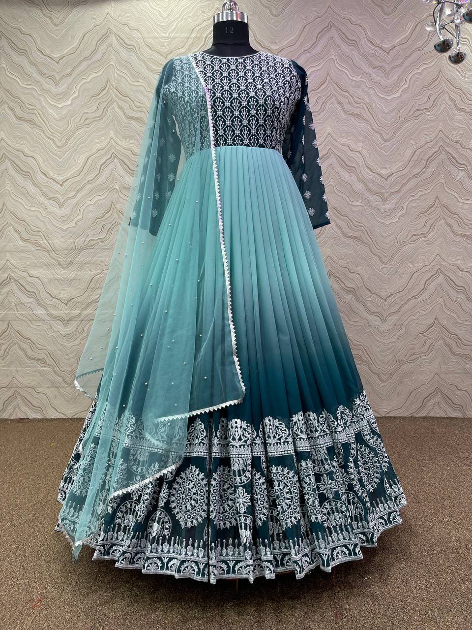 Sky Blue Anarkali Suit In Fox Georgette With Embroidery Work