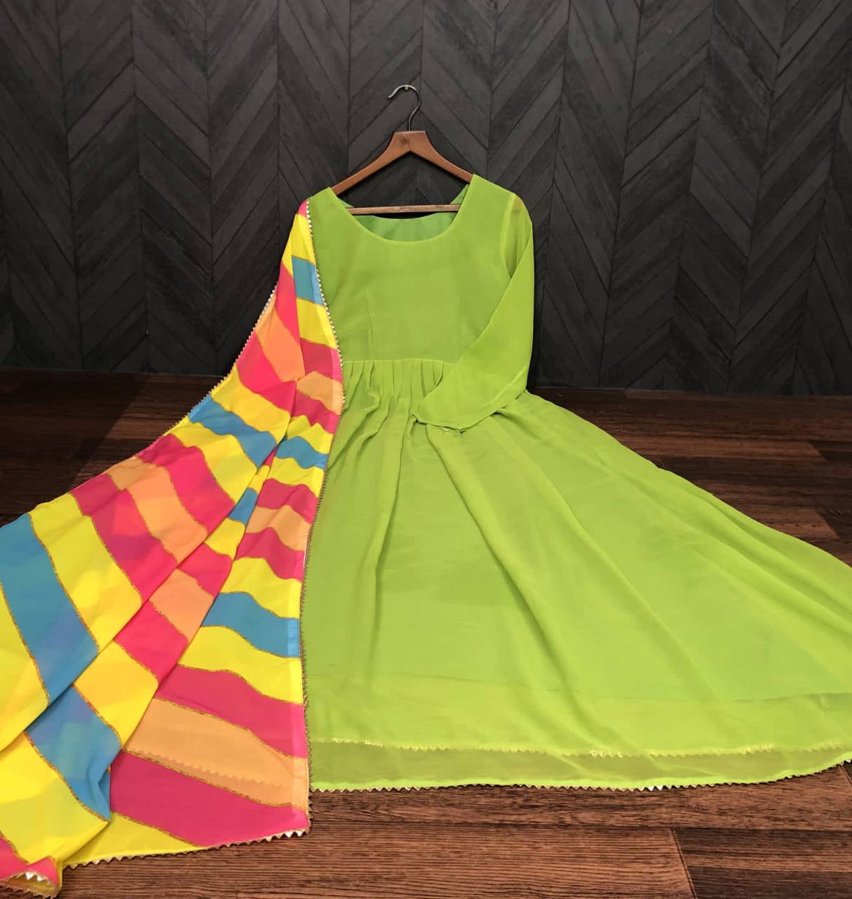 Parrot Green Anarkali Suit In Fox Georgette With Plain