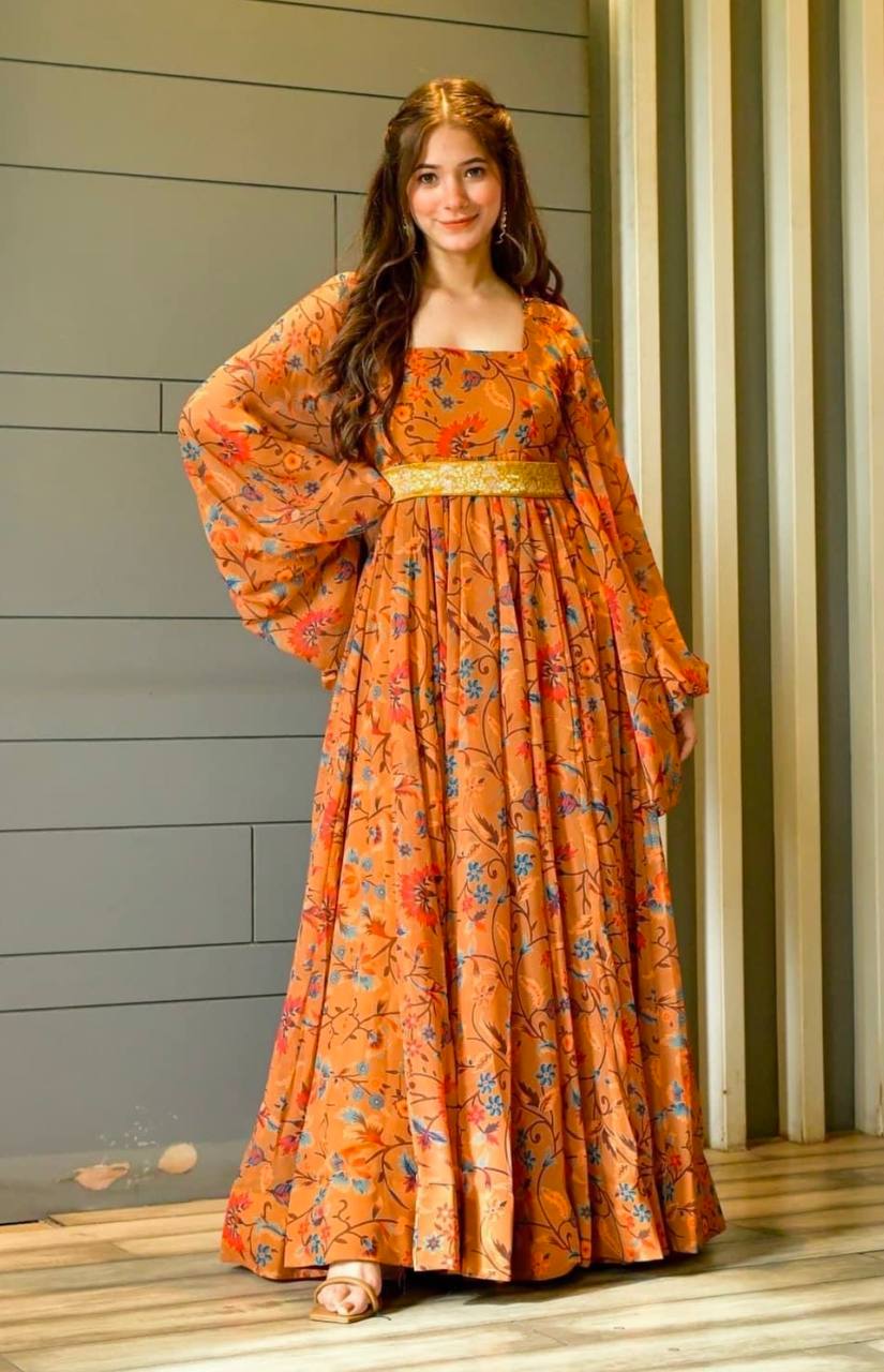 Orange Anarkali Suit In Fox Georgette With Digital Print