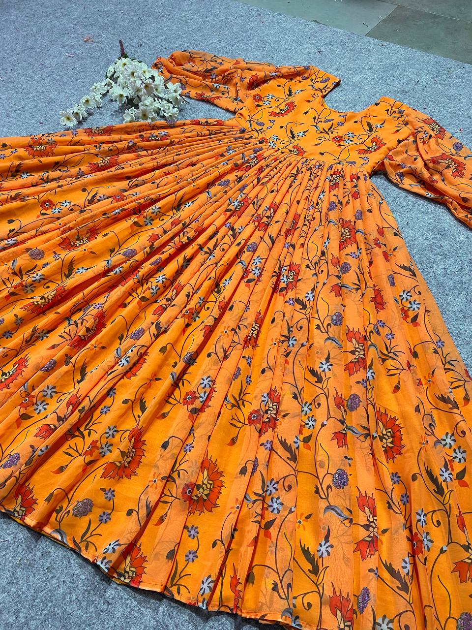 Orange Anarkali Suit In Fox Georgette With Digital Print